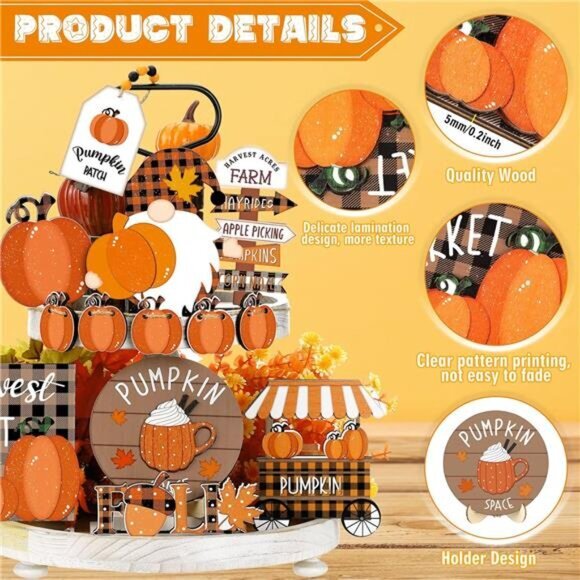 16 Pcs Fall Tiered Tray‎ Decor Set Thanksgiving Pumpkin Wooden Sign Gnomes Truck - Picture 3 of 6